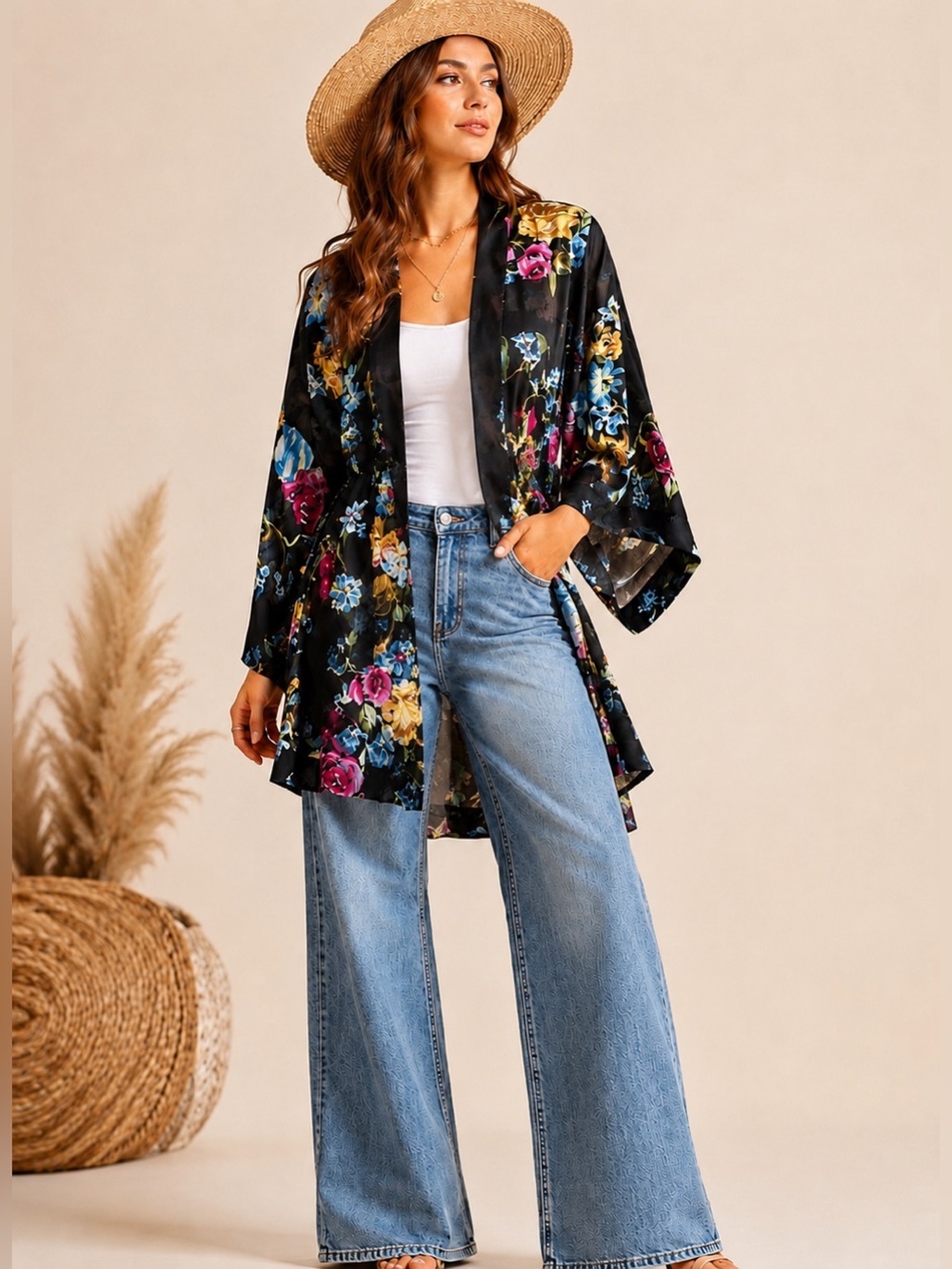Helena Quinn Sheer Black Floral Kimono Cardigan Cover Up Open Front Lightweight